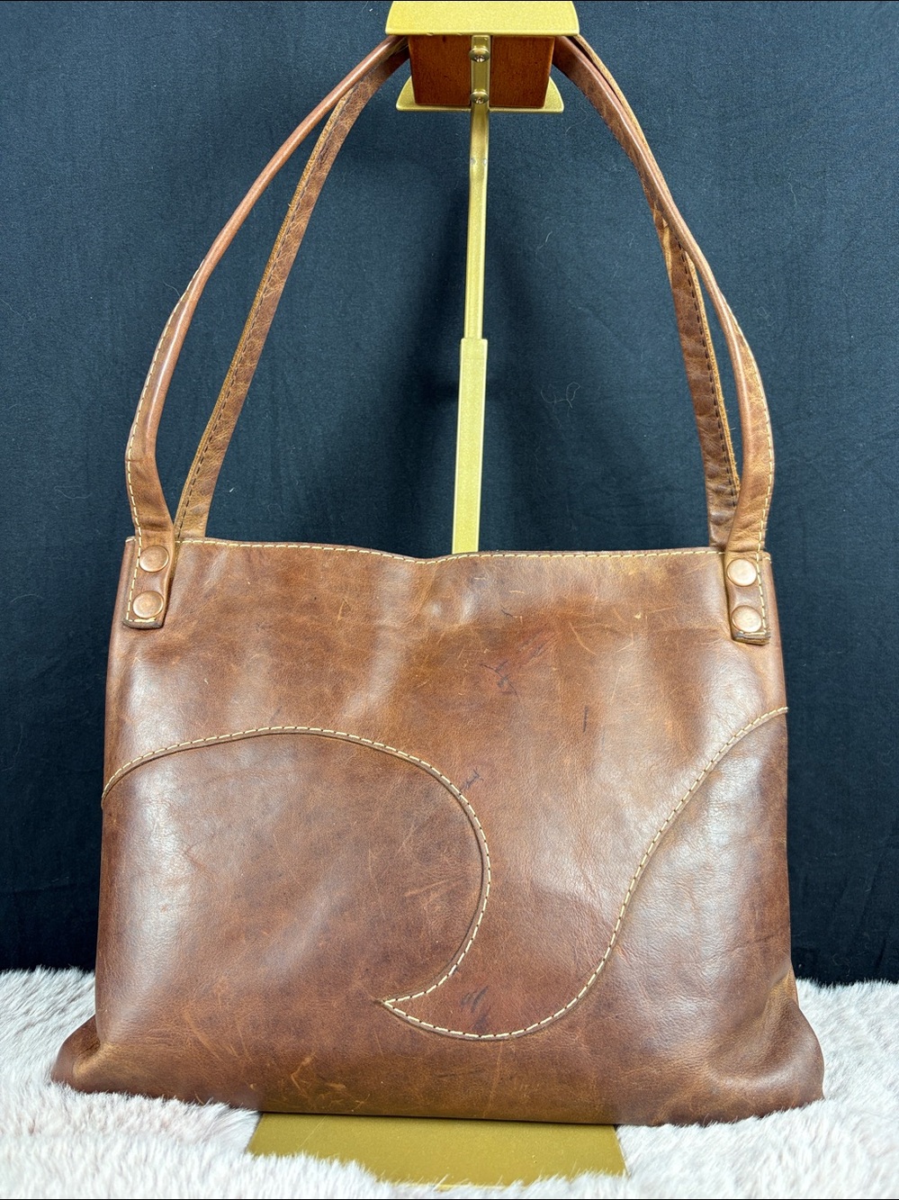 Leather Shoulder Tote Bag Brown Vintage Distressed Minimalist Hobo